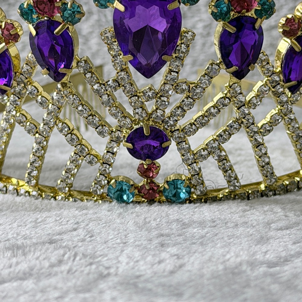 Tiara Crown Metal Women Gold Purple Teal Rhinestone Pageant‎ Regal Birthday NOLA - Picture 4 of 7